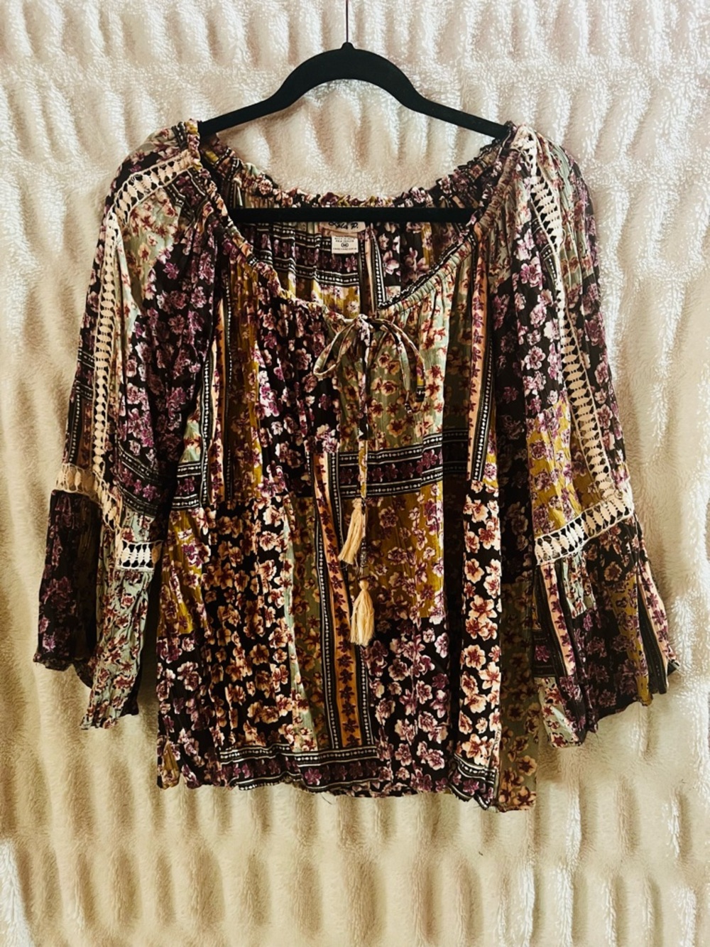 lola Boho Floral Peasant Blouse in Plum, Olive & Cream